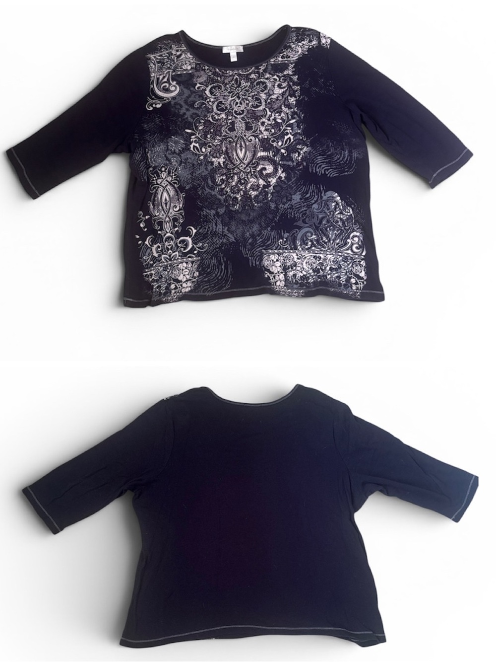 DressBarn Woman navy blue and white paisley print embellished 3/4 sleeve tee